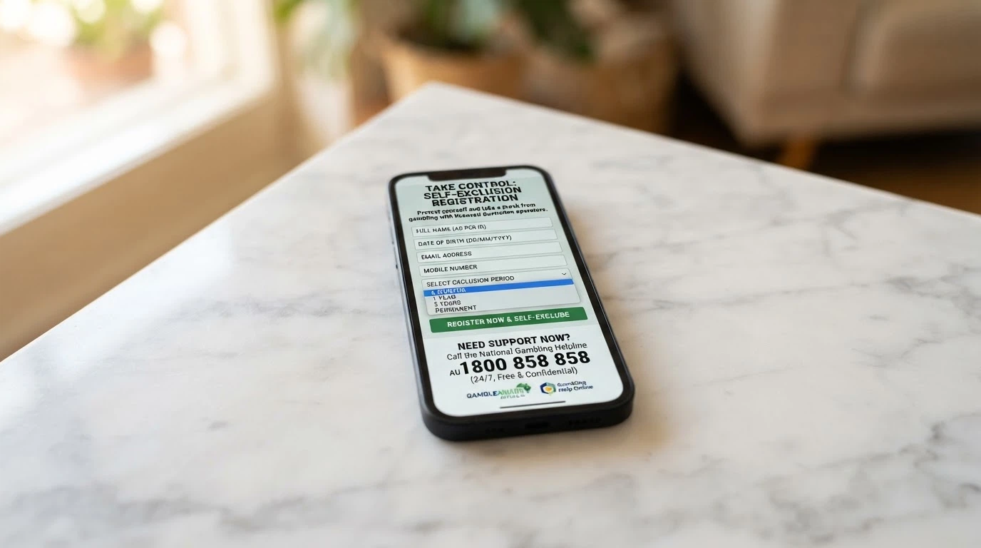 A smartphone showing the BetStop registration landing page with the National Gambling Helpline number (1800 858 858) visible on the same screen
