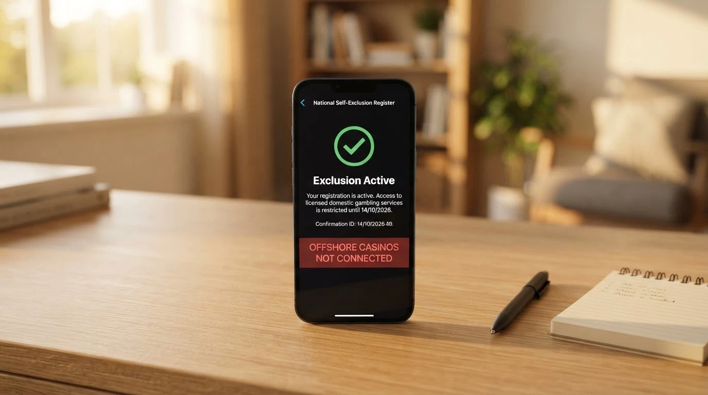 BetStop register interface on a phone screen with a prominent warning overlay reading “offshore casinos not connected to this register”