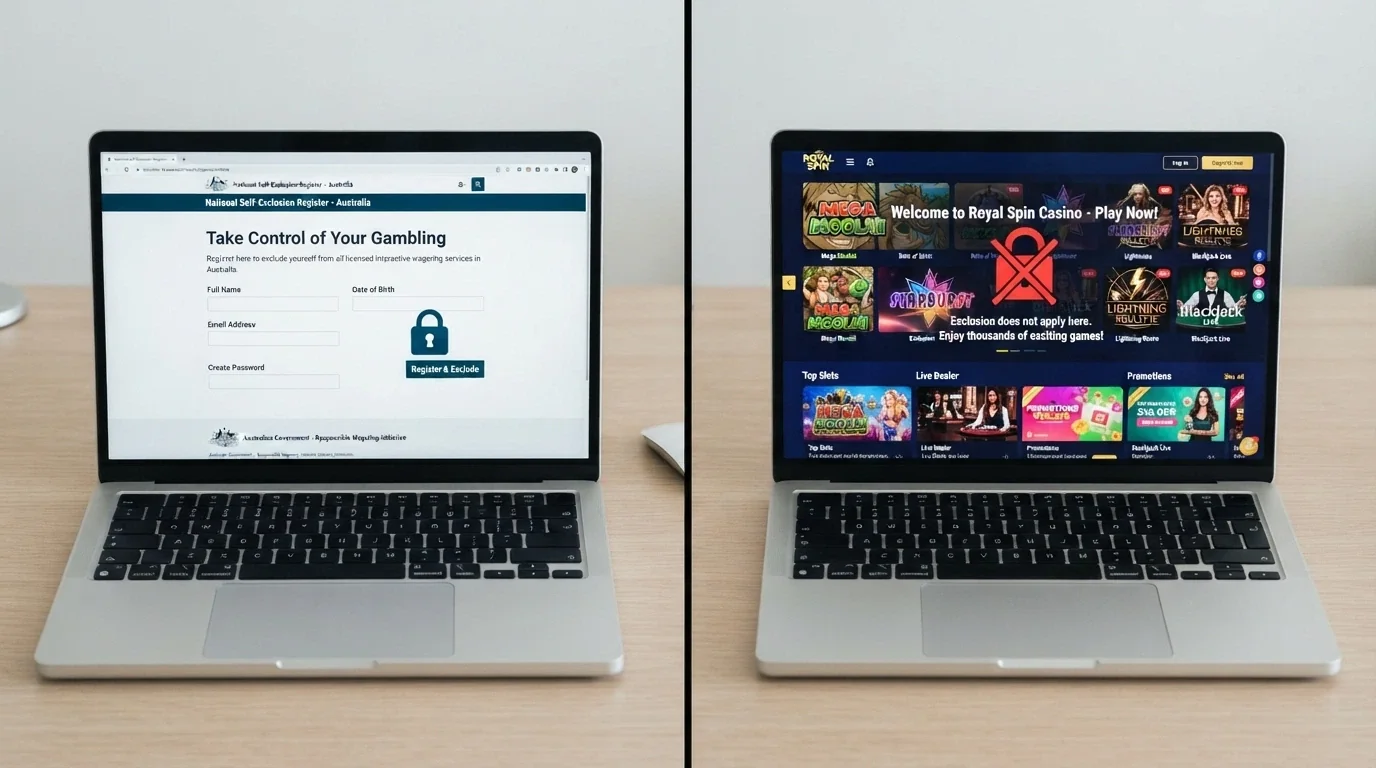 A split screen: the left side shows the BetStop registration page on a clean government website; the right side shows an offshore casino lobby with the same lock icon crossed out