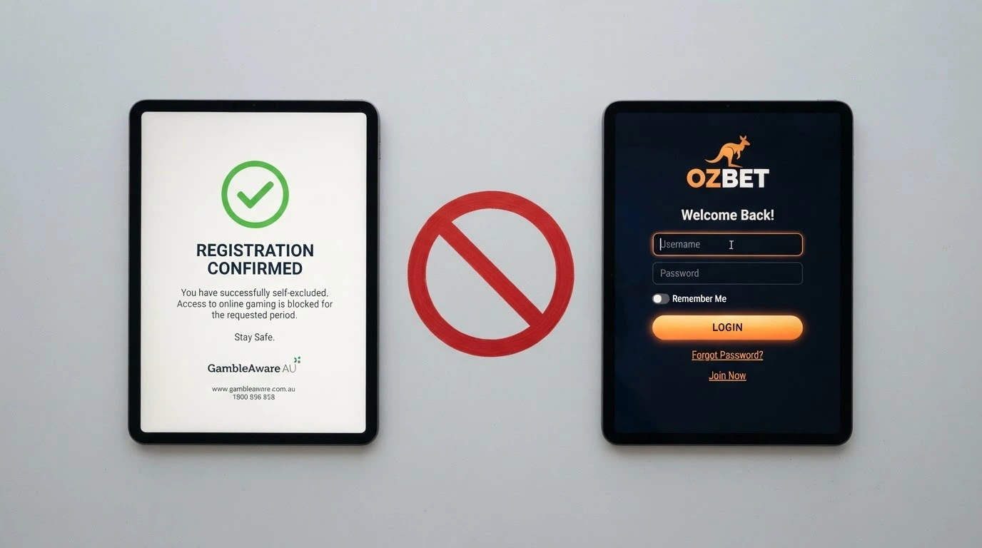 A BetStop registration confirmation screen on the left and an offshore casino login page on the right, with a red disconnected symbol between them