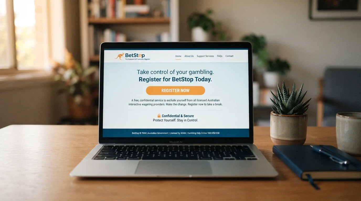 The BetStop National Self-Exclusion Register homepage on a laptop screen with the registration button visible