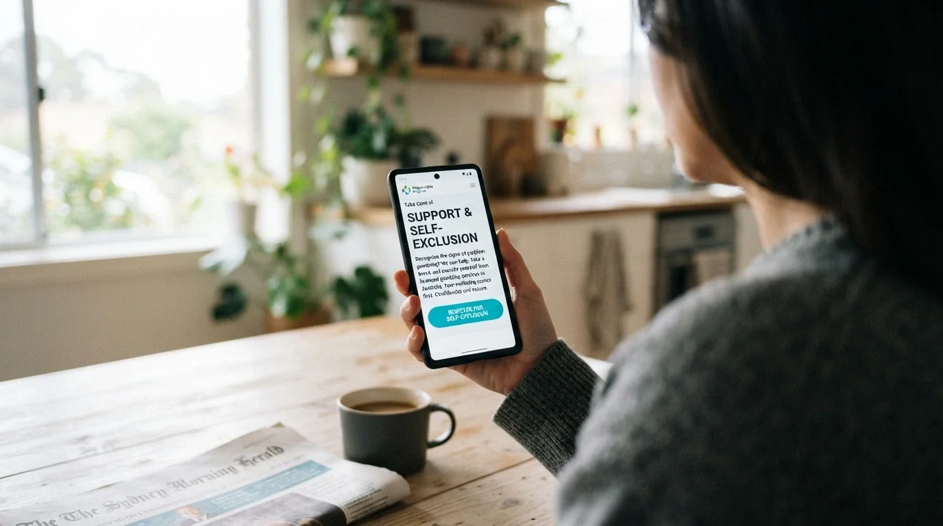 A smartphone showing the BetStop national self-exclusion register landing page with the sign-up button