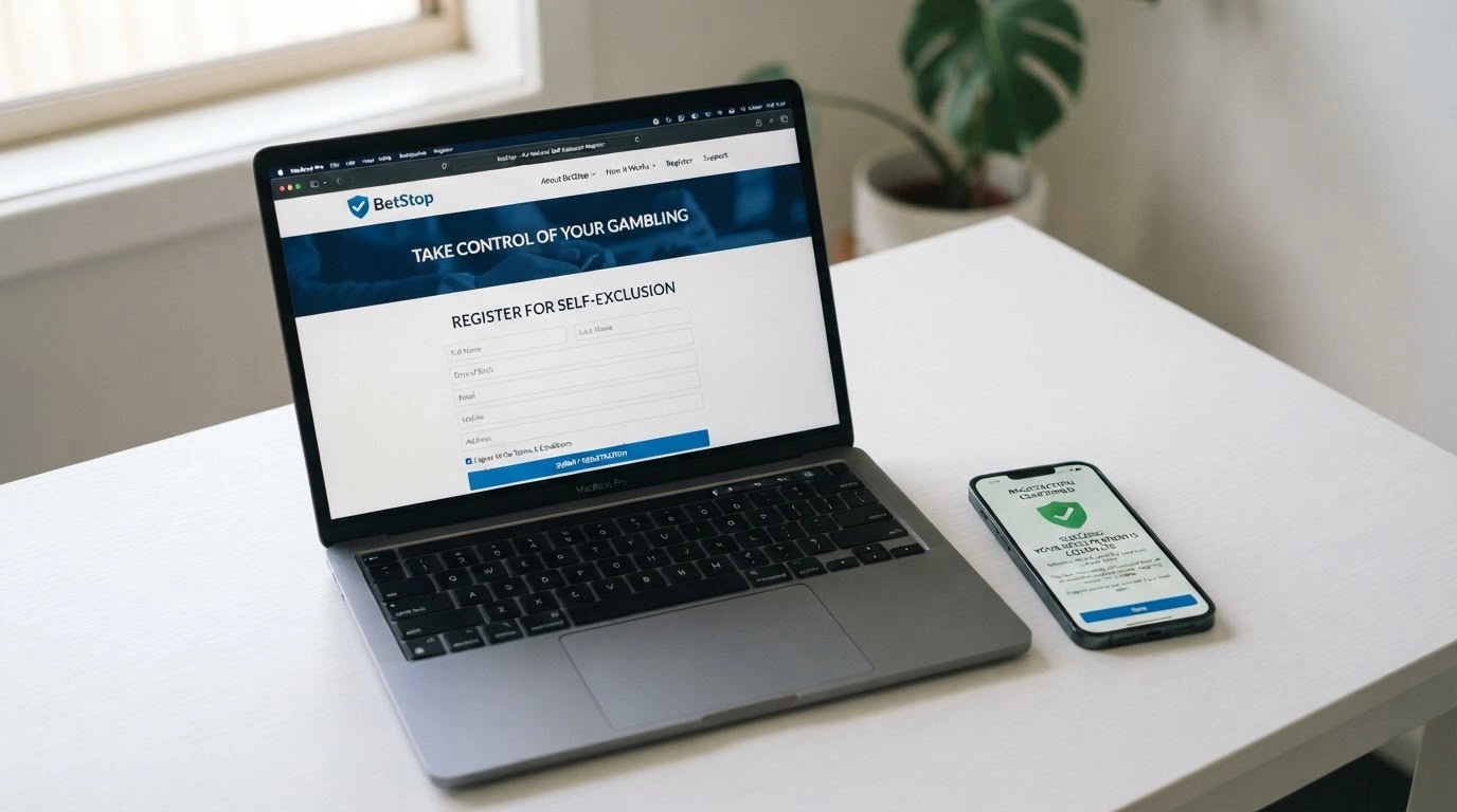 The BetStop National Self-Exclusion Register homepage displayed on a laptop screen with a smartphone beside it