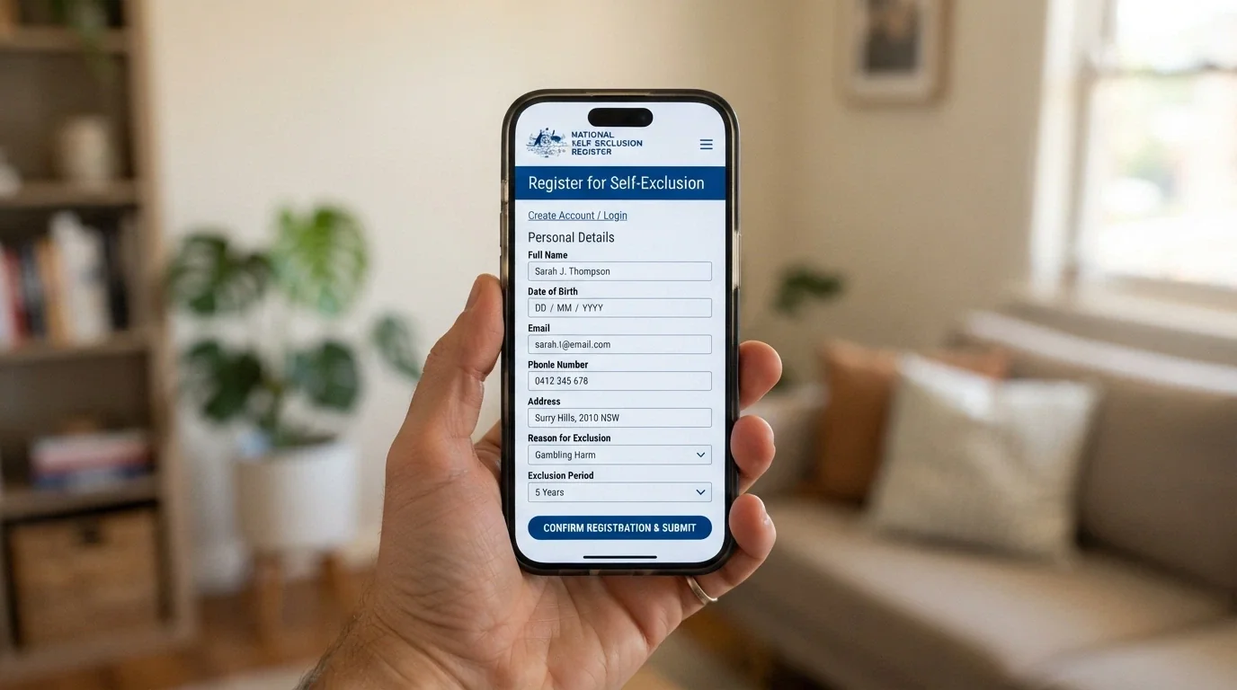 The BetStop National Self-Exclusion Register homepage on a smartphone screen, showing the registration form