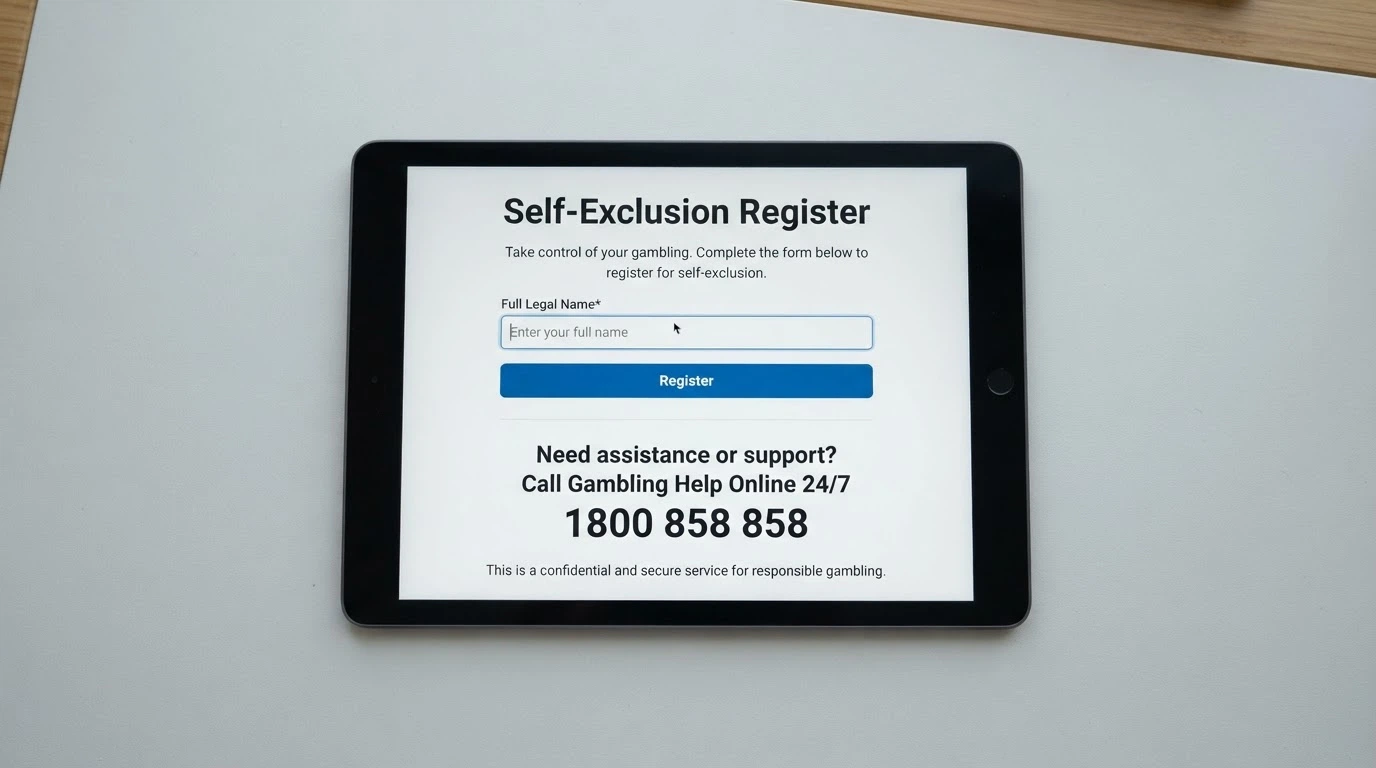 iPad showing the BetStop.gov.au homepage with the registration option and National Gambling Helpline number visible