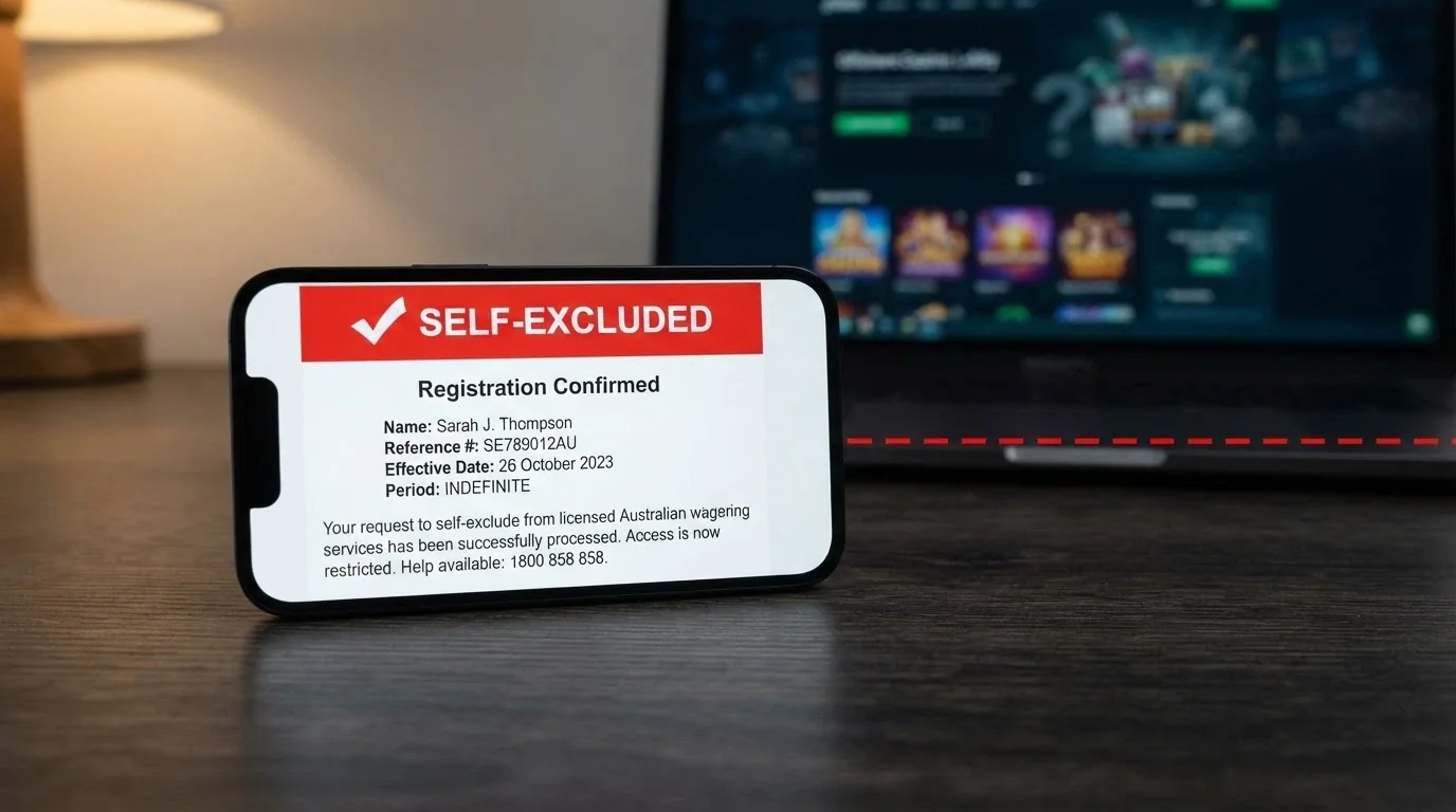 The BetStop logo and a stylised self-exclusion registration screen on a smartphone, with a red dashed line separating it from an offshore casino lobby in the background