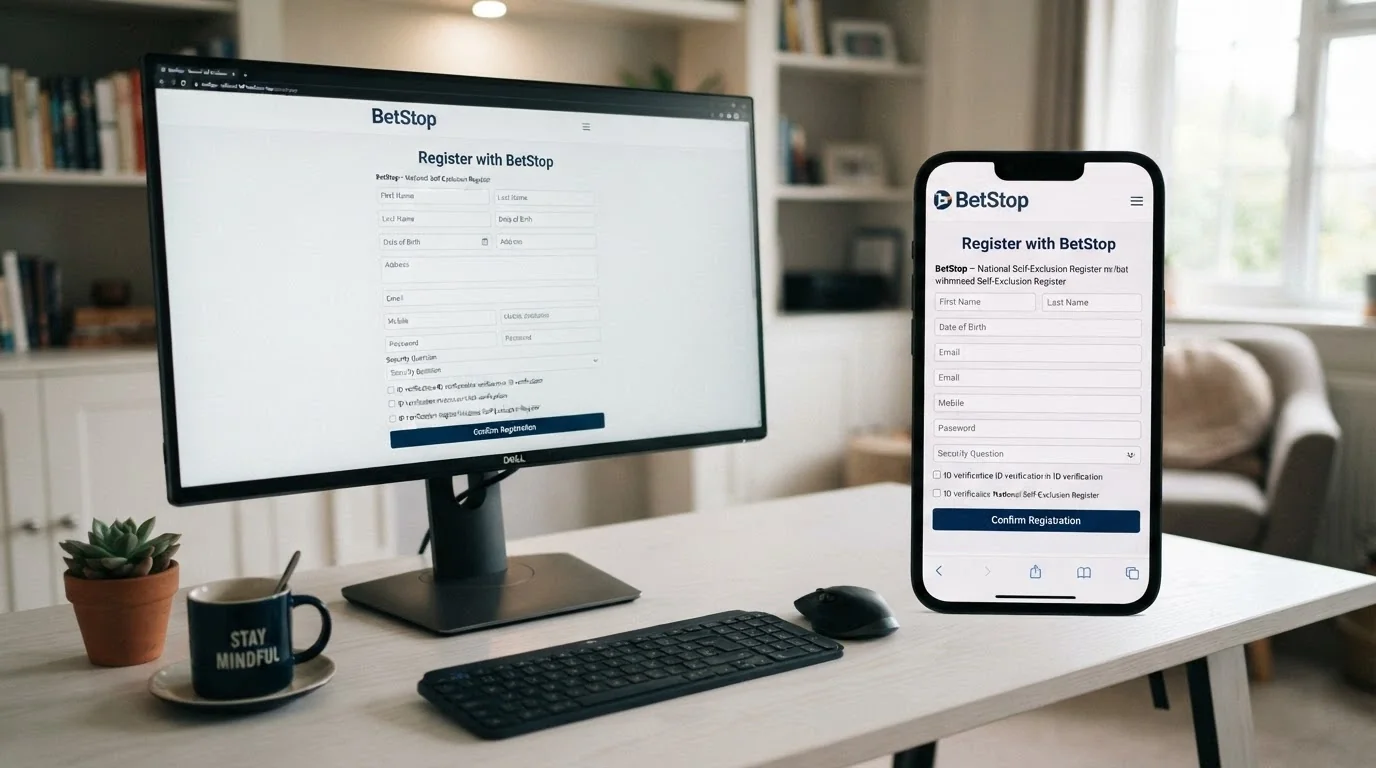 BetStop National Self-Exclusion Register registration screen on a desktop and mobile device