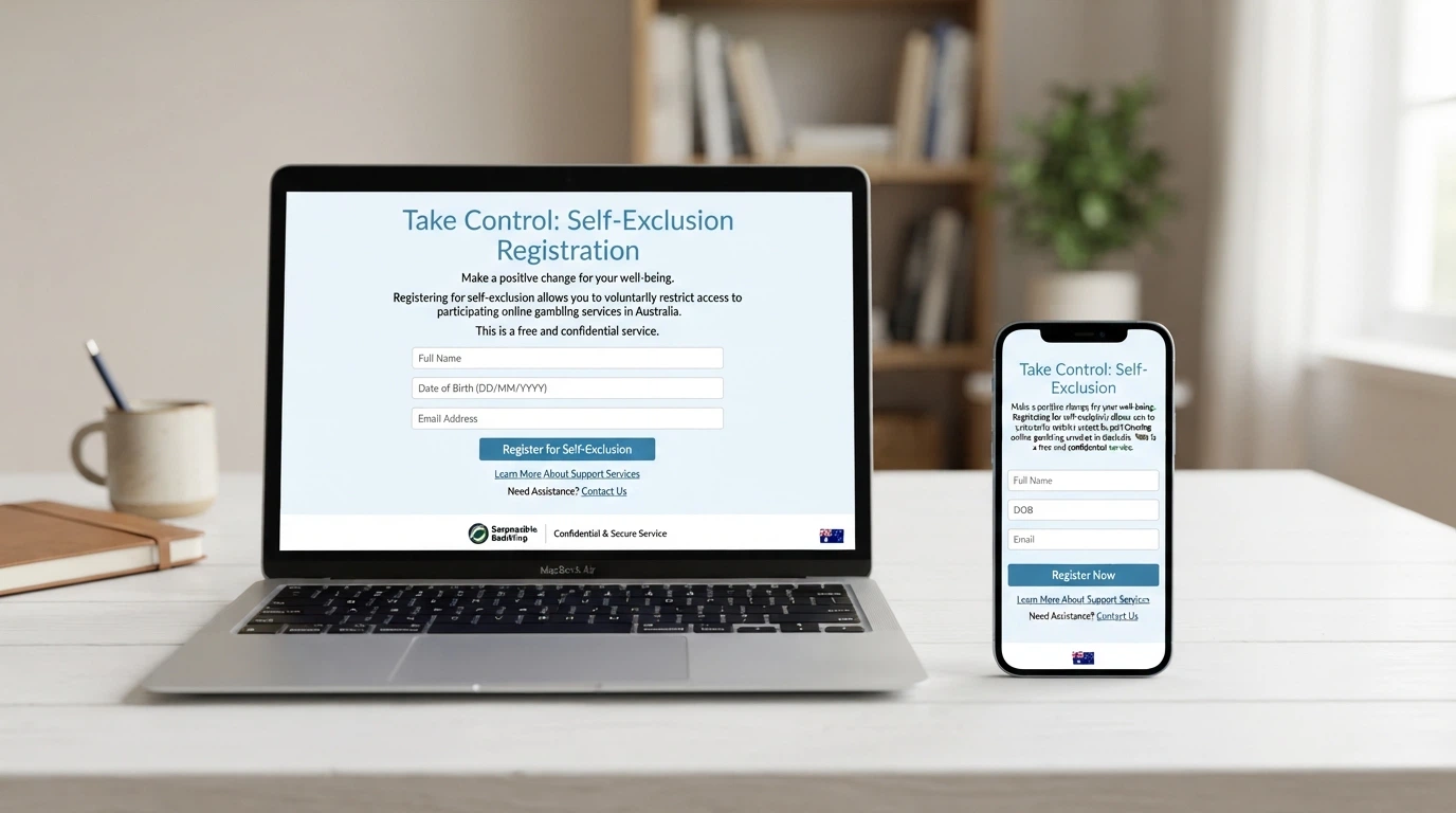 A device screen showing the BetStop registration landing page with the National Self-Exclusion Register branding visible, set on a desk beside a phone.