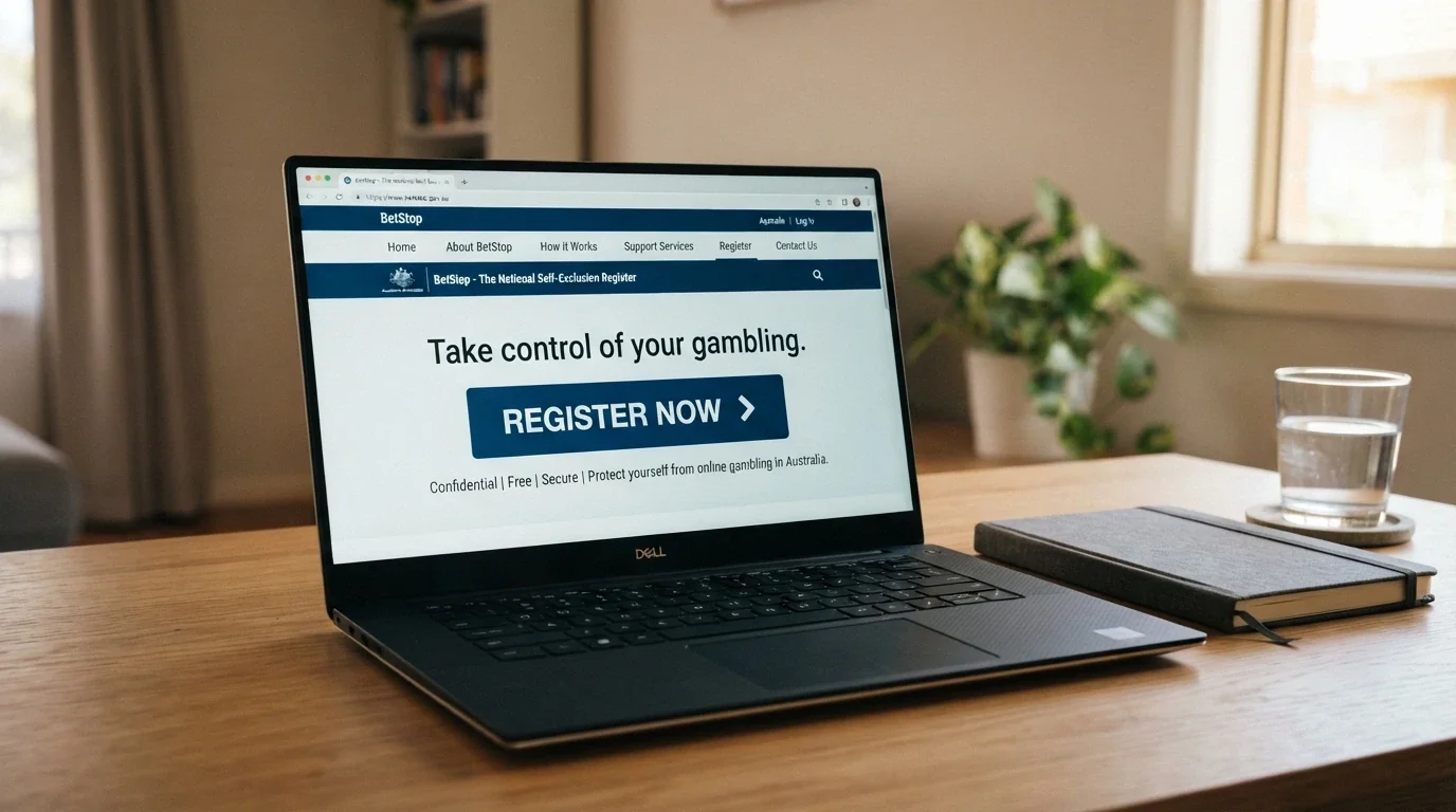 The BetStop National Self-Exclusion Register homepage on a laptop screen, with the registration button prominent