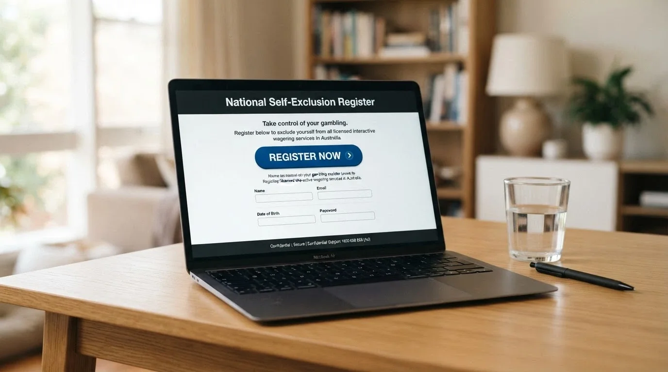 The BetStop National Self-Exclusion Register homepage on a laptop screen with the registration button prominent