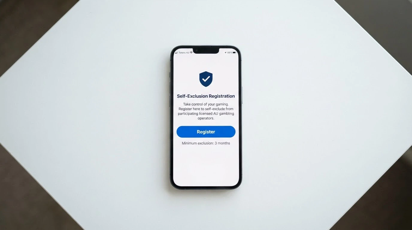 The BetStop National Self-Exclusion Register landing page on a smartphone screen, showing the registration button and the minimum three-month exclusion period
