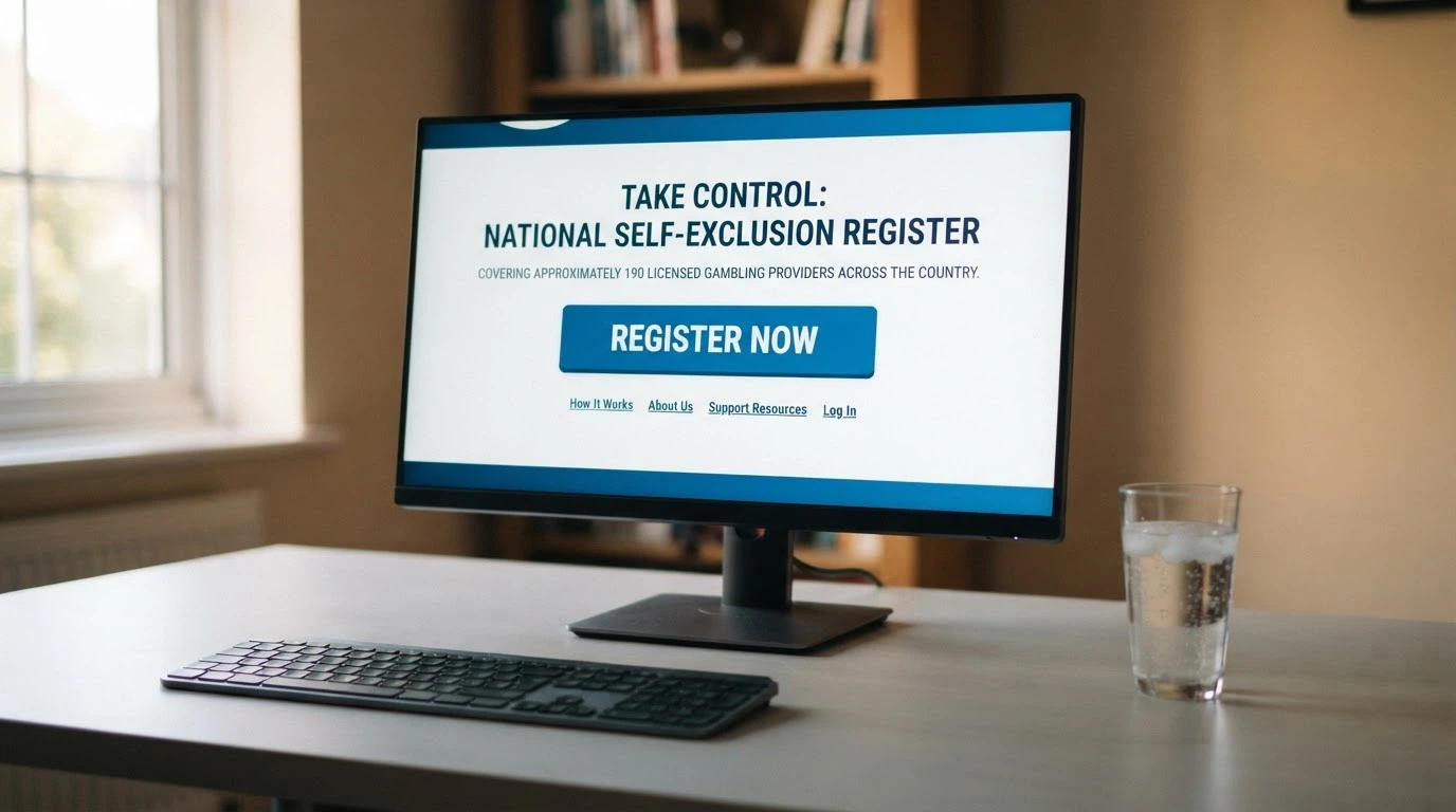 The BetStop National Self-Exclusion Register homepage on a desktop screen with the registration button and the “~190 providers covered” text visible