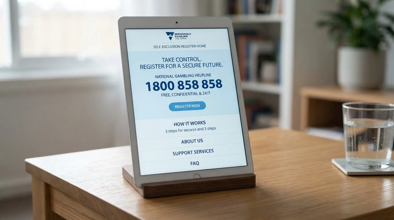 The BetStop National Self-Exclusion Register homepage on a device screen with the 1800 858 858 helpline number visible