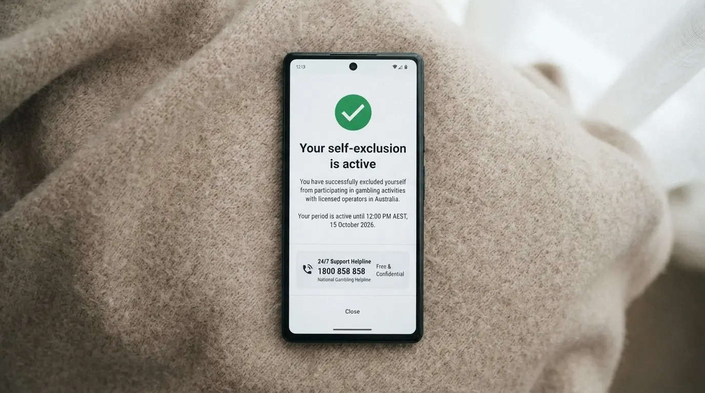An Android phone showing the BetStop registration confirmation screen with “Your self-exclusion is active” and the Gambling Help Online logo visible below