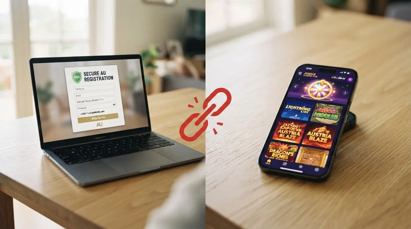A split image — a BetStop registration screen on a laptop on one side, and an offshore casino lobby still open on a phone on the other, with a broken-link icon between them