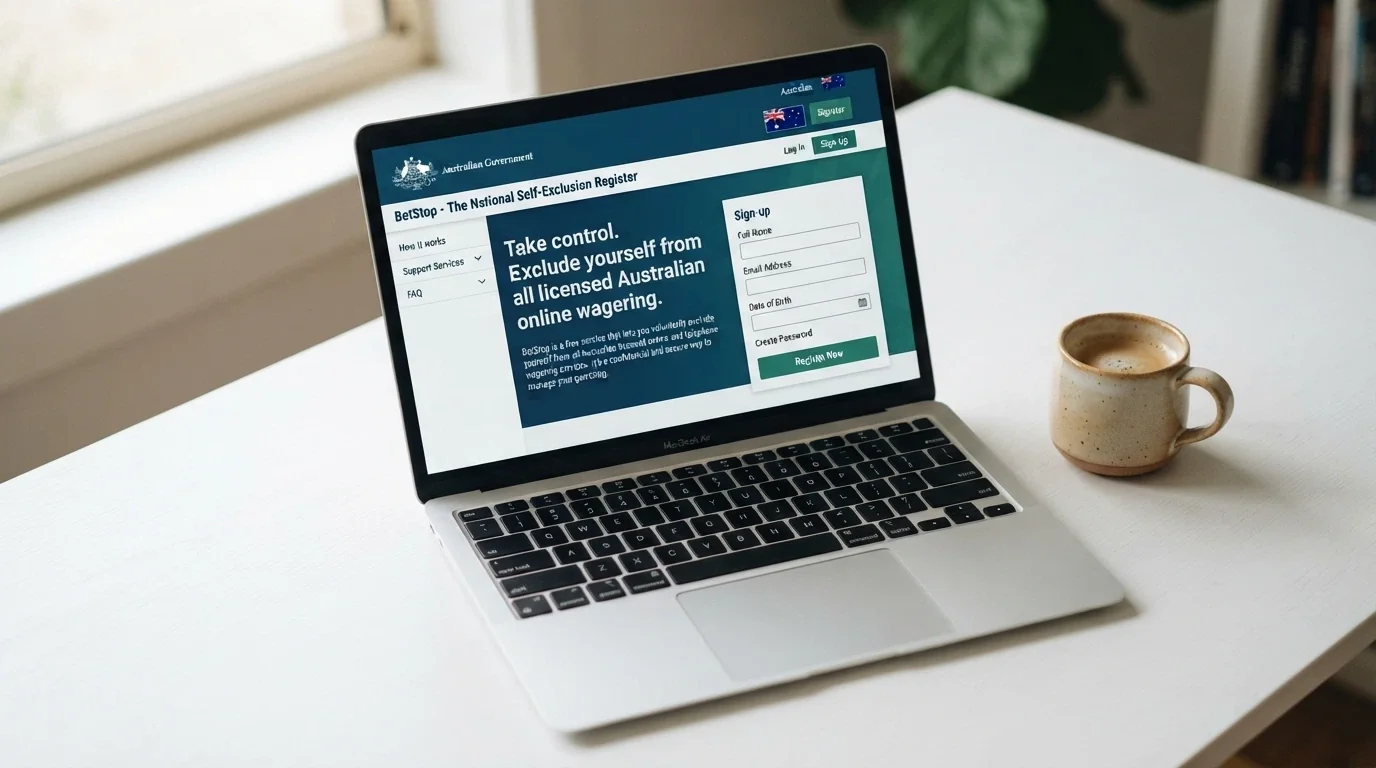 BetStop.gov.au homepage on a laptop screen showing the national self-exclusion register sign-up form with the tagline visible