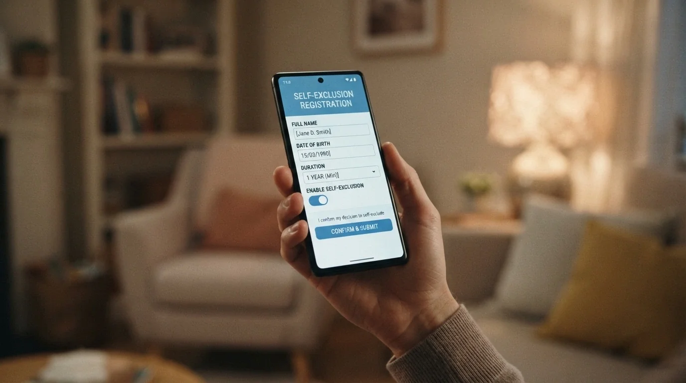 A phone screen showing the BetStop self-exclusion register sign-up form