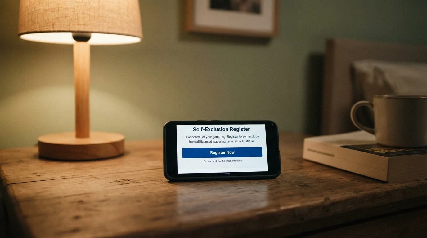 A smartphone showing the BetStop National Self-Exclusion Register landing page with a registration button visible