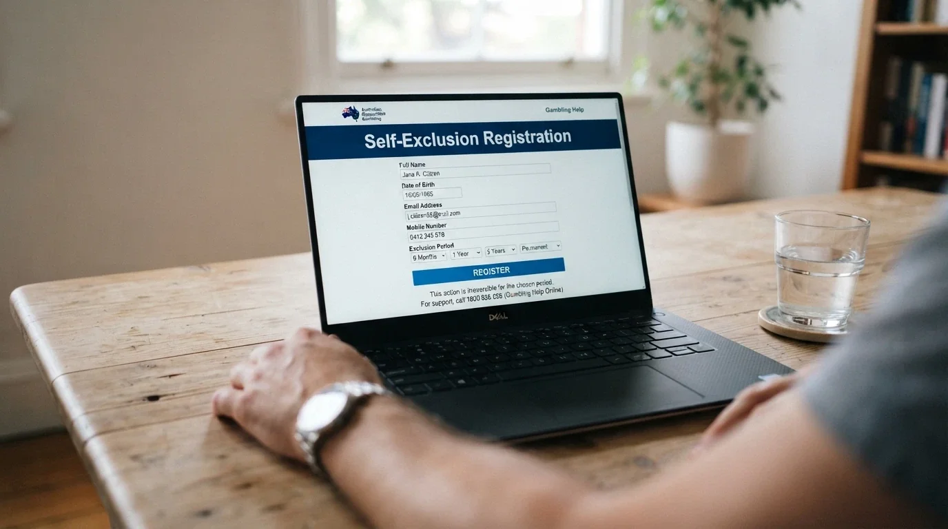 BetStop National Self-Exclusion Register homepage on a laptop screen with the registration button visible