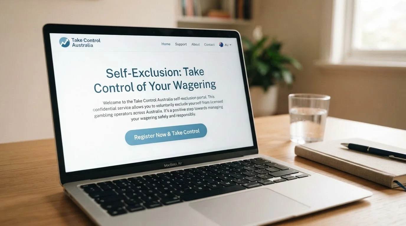 A laptop showing the BetStop National Self-Exclusion Register homepage with a registration prompt