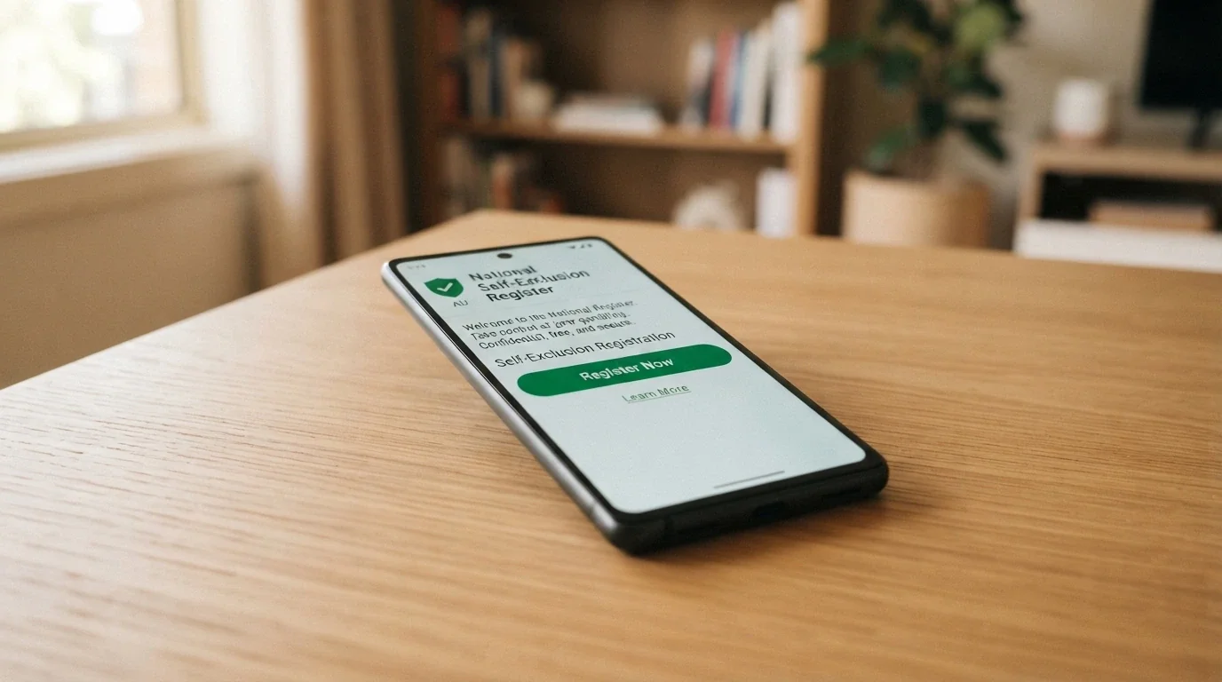A smartphone displaying the BetStop.gov.au homepage with the National Self-Exclusion Register branding and a prominent “Register Now” button