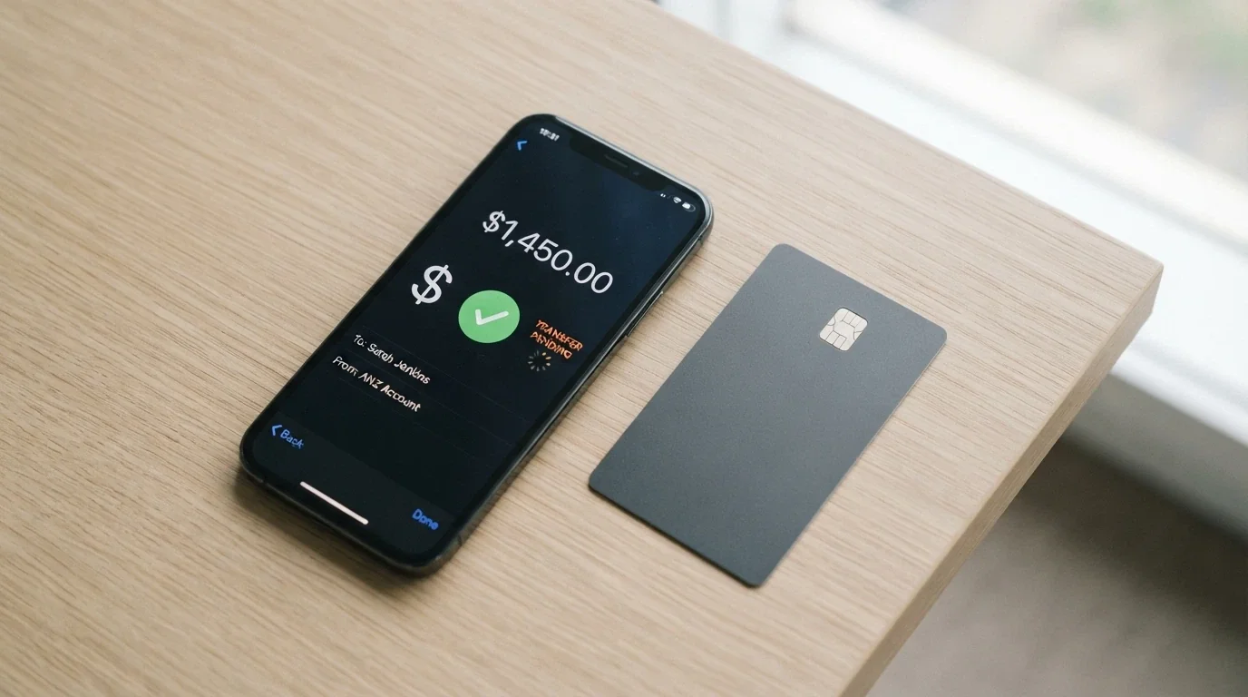A smartphone showing a crypto wallet-to-casino transfer screen with confirmation pending, a bank card visible beside it