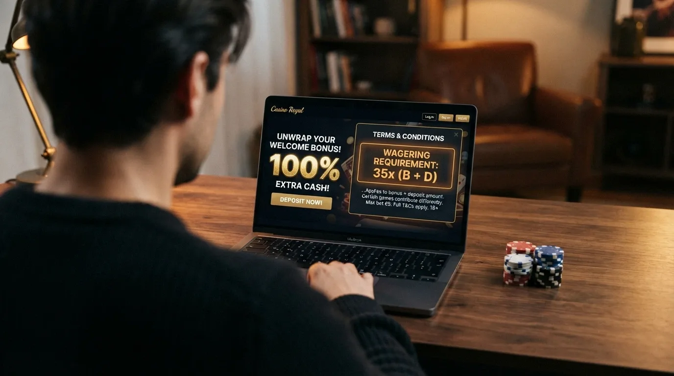 A casino promotions page showing a large BTC bonus figure beside a magnified terms-and-conditions block with a highlighted wagering multiplier