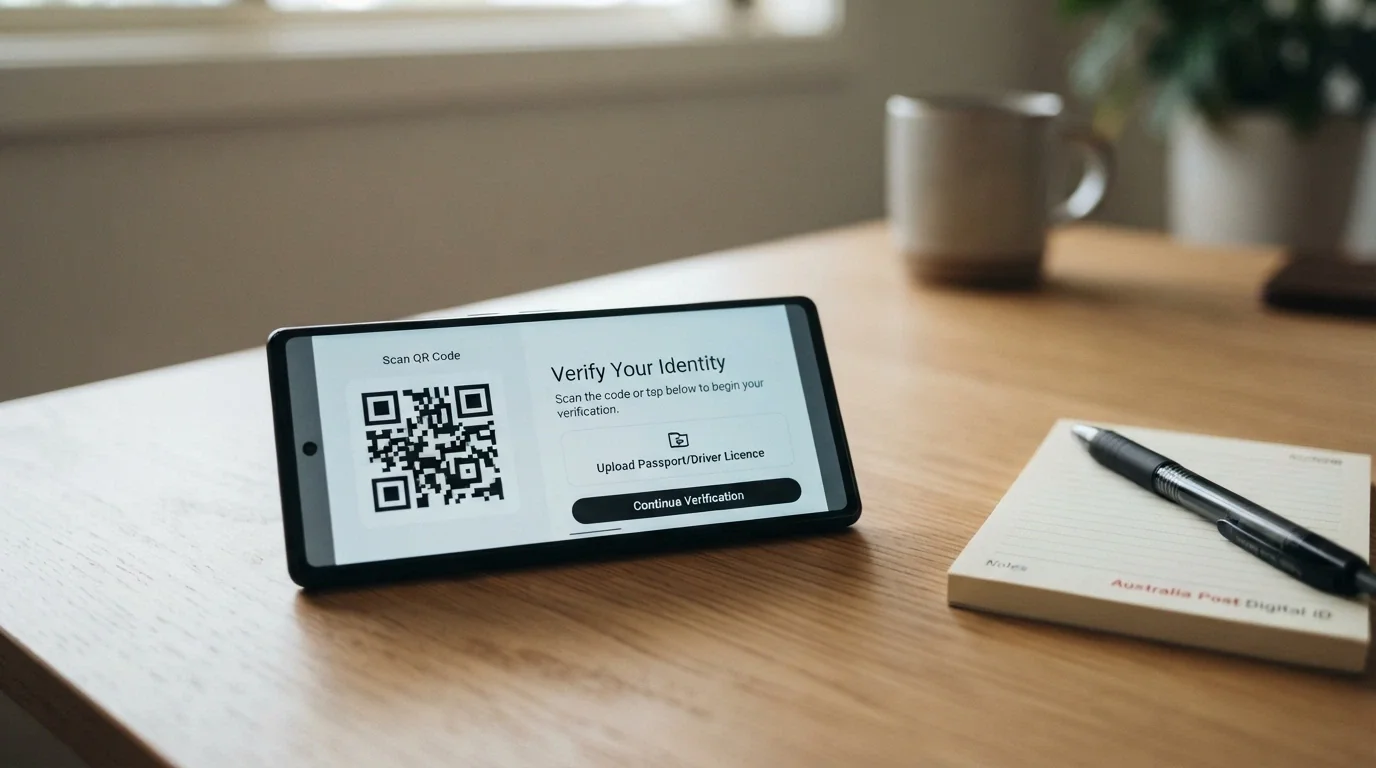 A Bitcoin wallet QR code on a smartphone beside an Australian crypto exchange identity-verification screen showing a document upload prompt