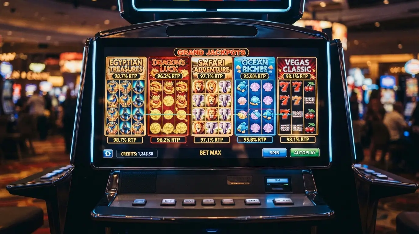 A grid of five popular pokies title cards — Elvis Frog in Vegas, Gates of Olympus, Sweet Bonanza, Book of Dead, Big Bass Bonanza — with RTP percentages overlaid