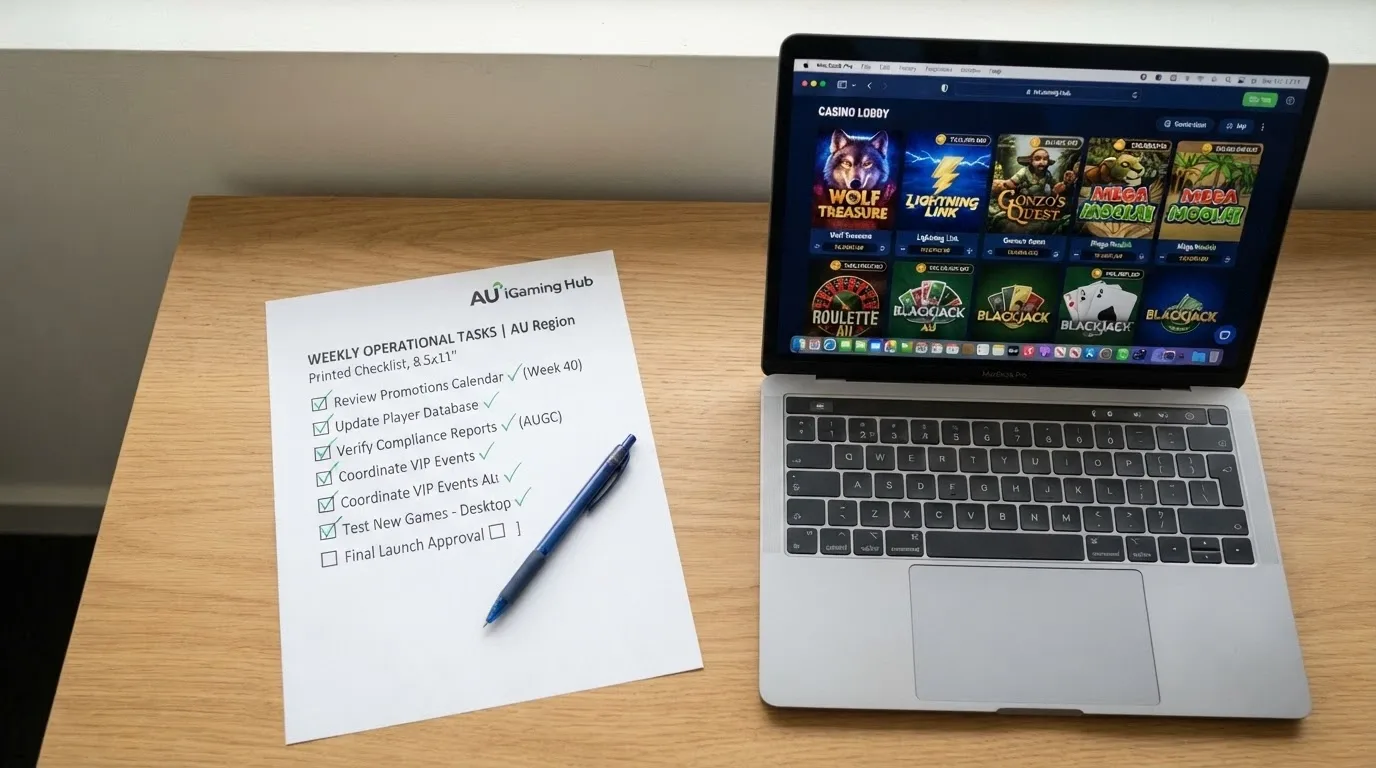 A printed checklist on a desk next to a laptop showing a casino lobby, several items ticked off in green, the last one still unchecked