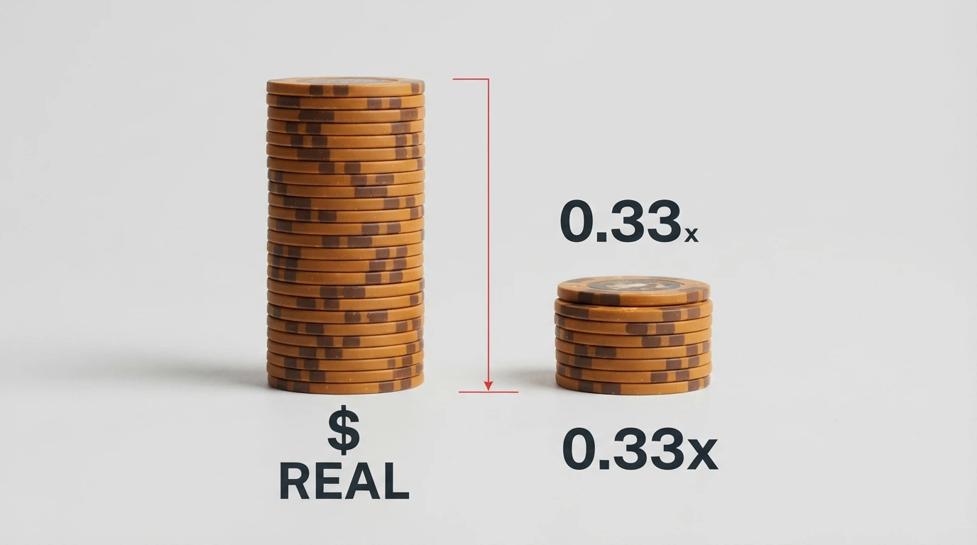 Two stacks of Australian currency side by side — one labelled real cash, the other a visibly smaller stack labelled bonus funds after 10x wagering