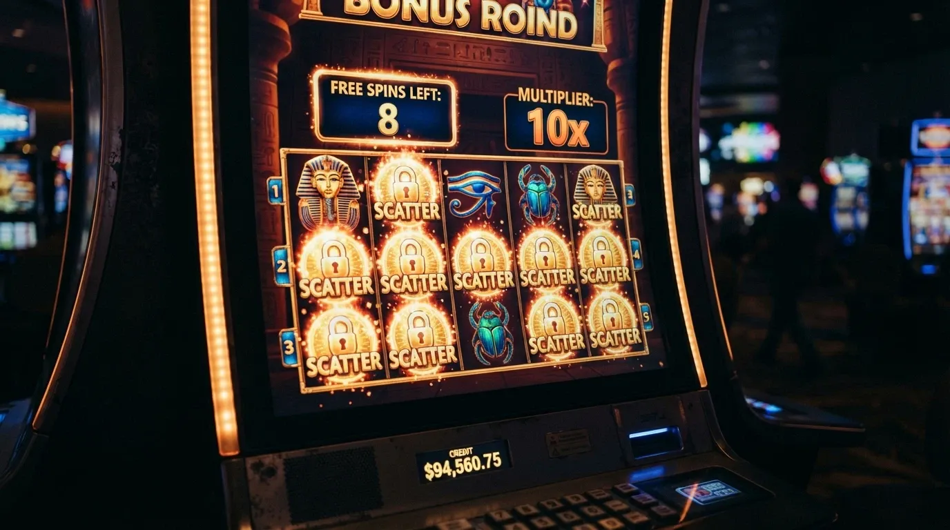 A 5-reel pokie mid-bonus-round with free-spin count and multiplier displayed prominently on screen
