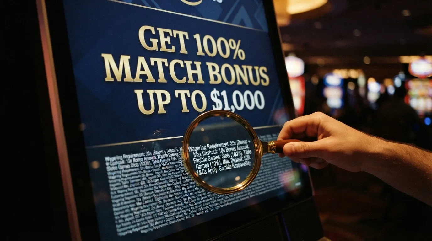A close-up of a casino bonus banner with a large “100% UP TO $5,000” headline, overlaid with a magnifying glass revealing the fine-print terms: wagering requirement, max cashout, game eligibility