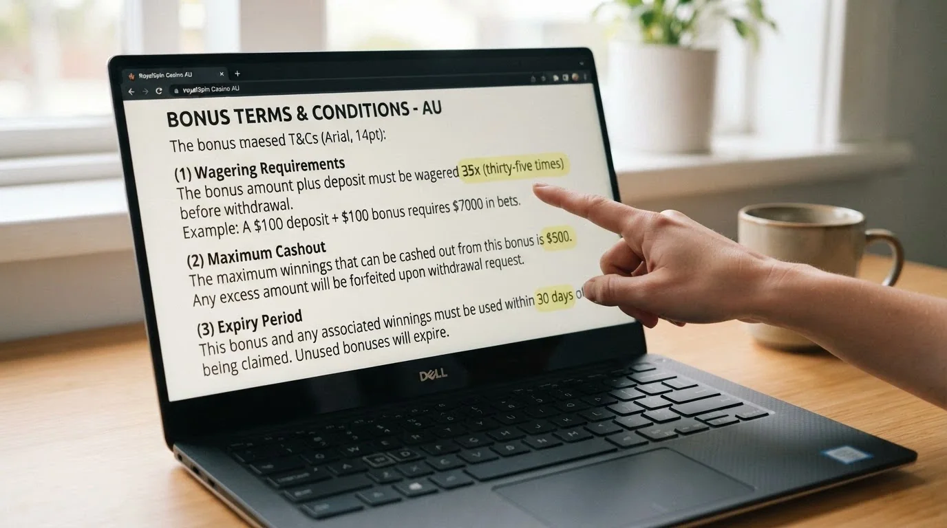 A close-up of bonus terms and conditions on a casino page, with the wagering requirement, maximum cashout and expiry date highlighted