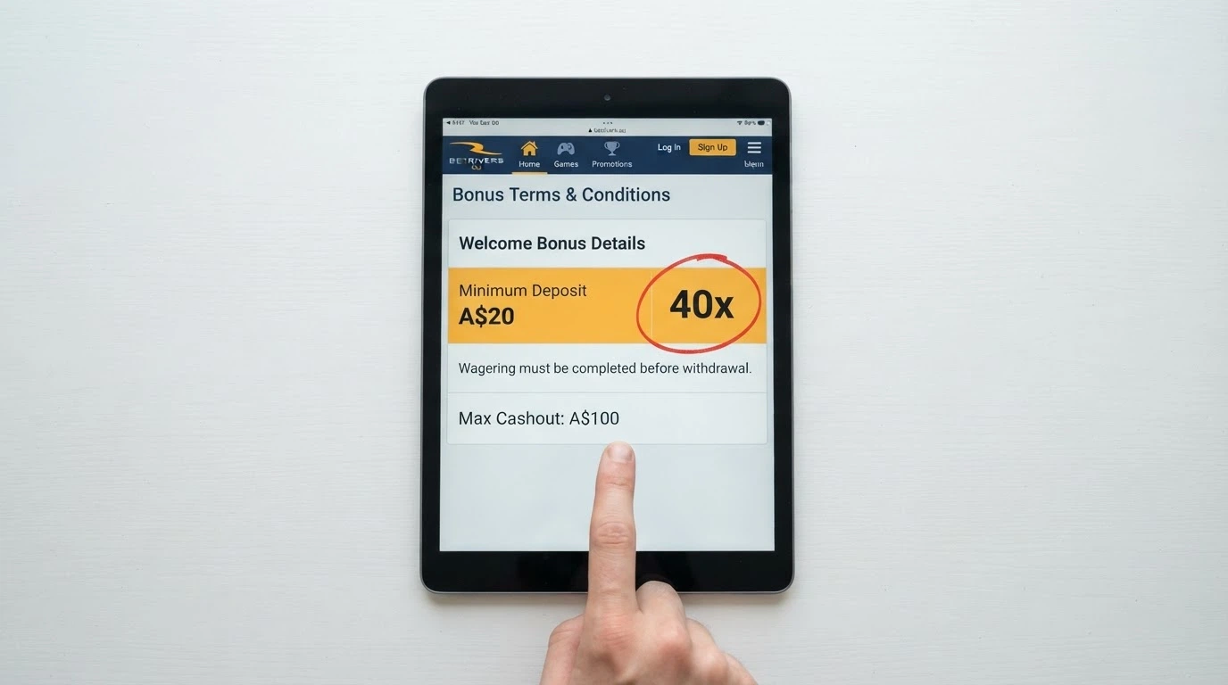 iPad displaying a casino bonus terms page with the wagering requirement and max cashout figures circled