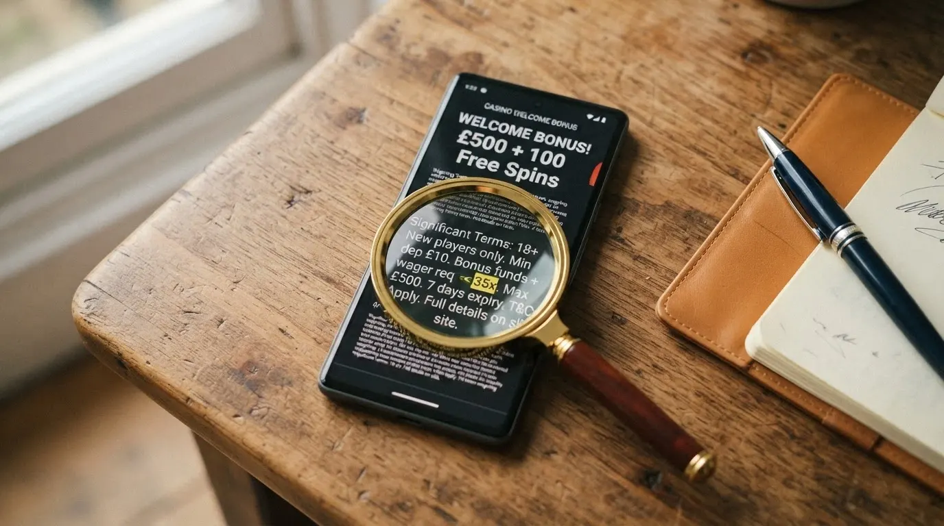 A welcome-bonus advertisement on a phone screen with a magnifying-glass overlay enlarging the fine-print wagering terms, the multiplier figure highlighted