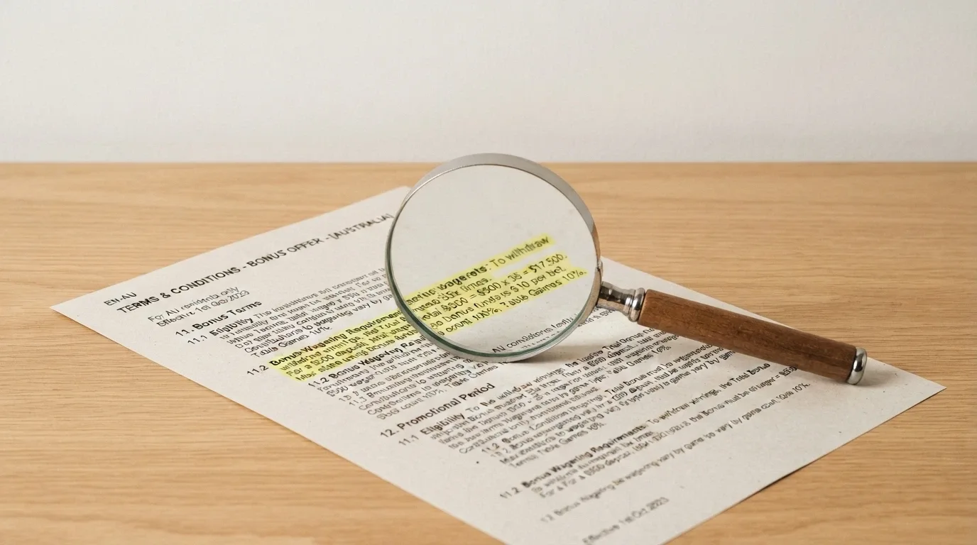 Magnifying glass held over a casino bonus terms and conditions page, highlighting the wagering requirement clause