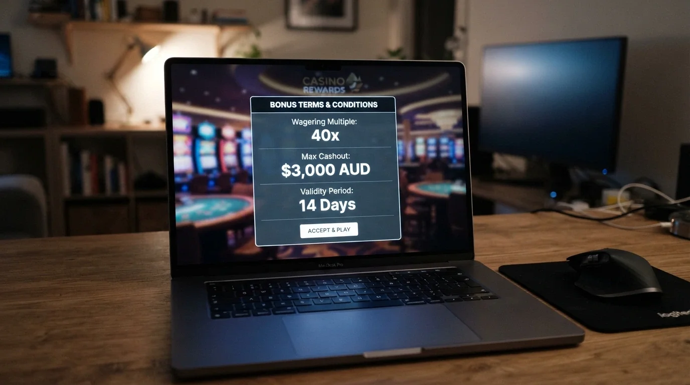 A bonus terms popup on a casino website showing wagering requirements, maximum cashout and validity period