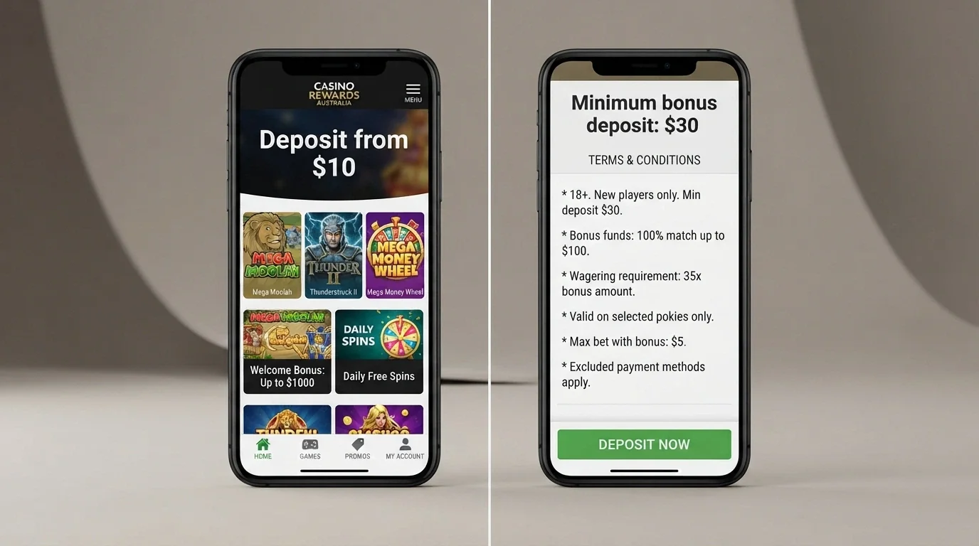 A split-screen comparison showing a casino homepage advertising “Deposit from $10” on one side and a checkout page showing “Minimum bonus deposit: $30” on the other