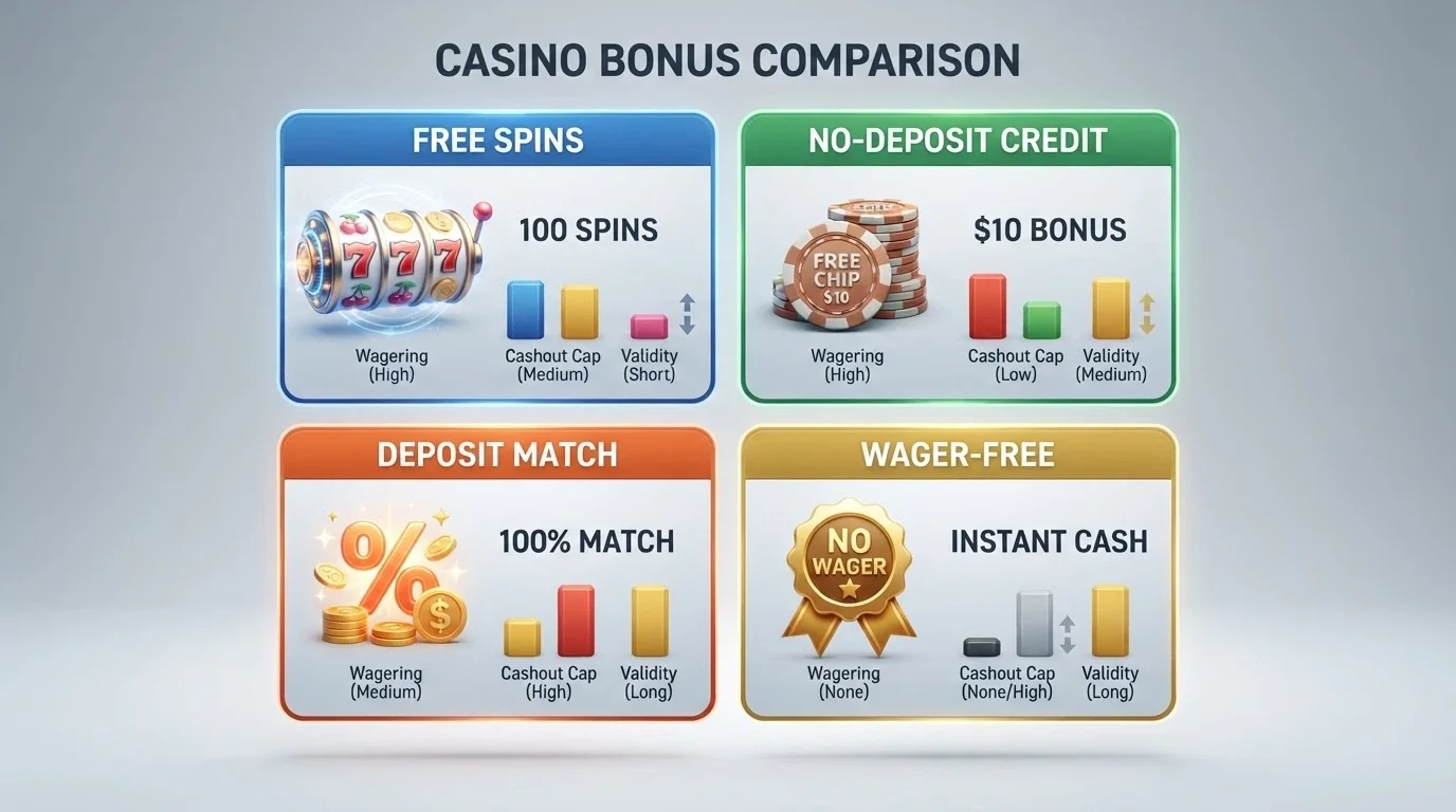 Four illustrated bonus types — free spins, no-deposit cash chip, deposit match percentage, and wager-free badge