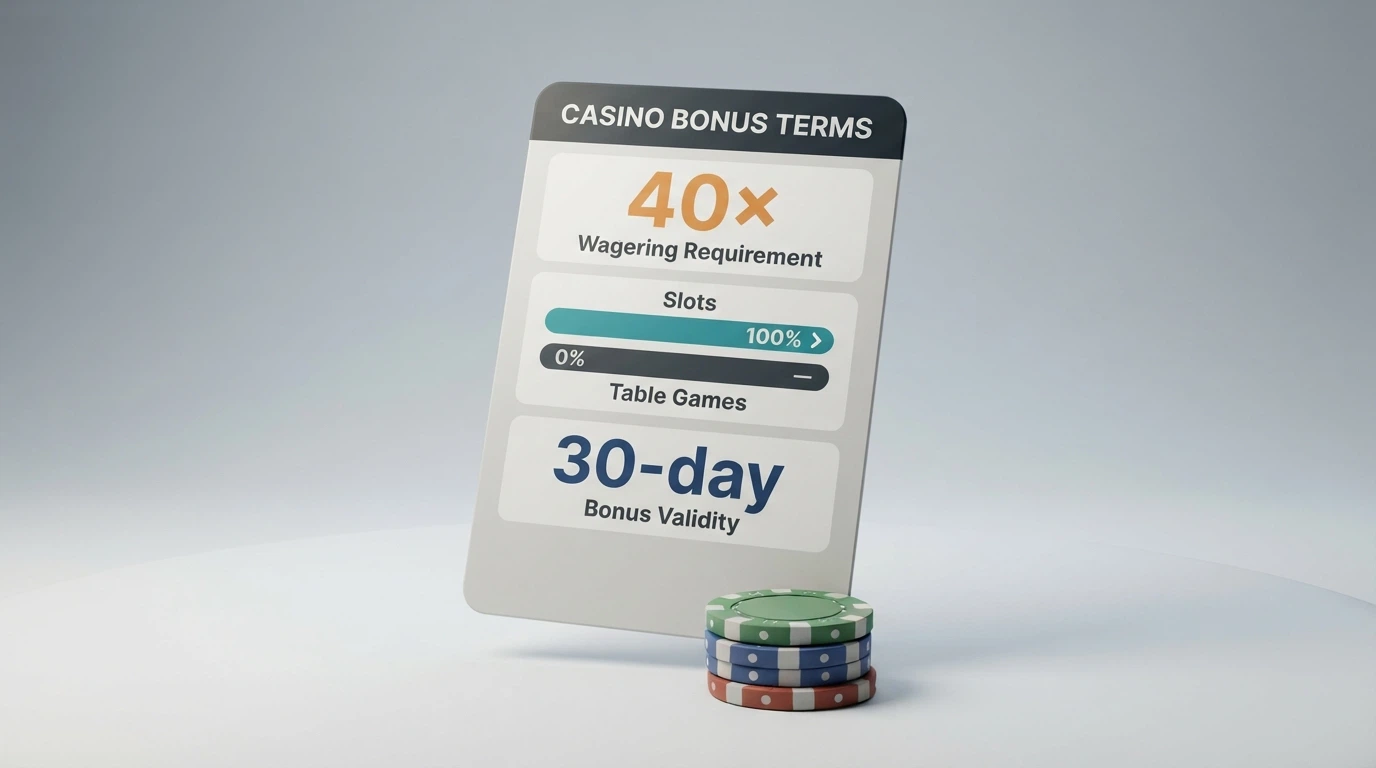 A close-up of a casino bonus terms pop-up with the wagering requirement figure, game contribution percentages and validity period highlighted.
