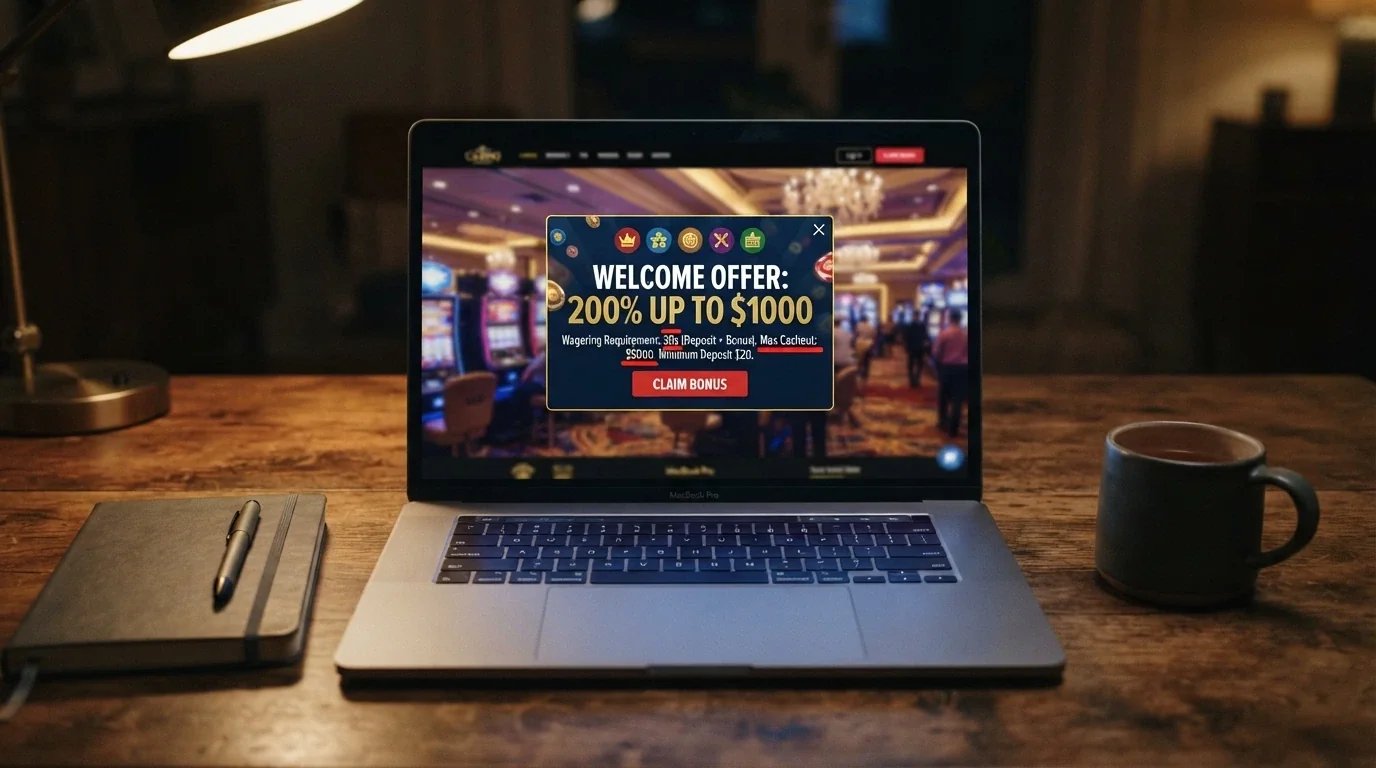 A welcome-bonus popup with the wagering-requirement clause and maximum-cashout term highlighted in a red overlay