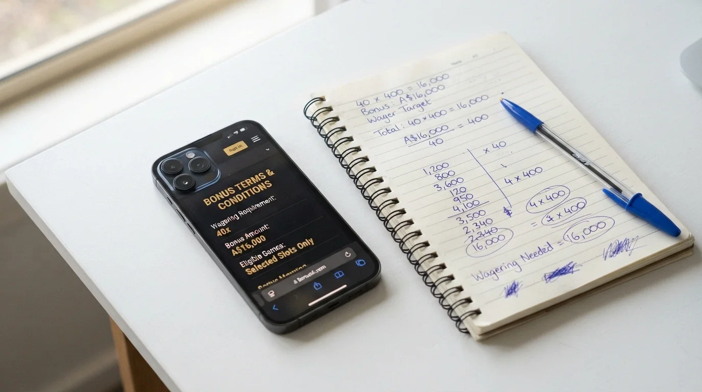 An iPhone screen with a calculator app open showing a A$16,000 figure next to a casino bonus terms page listing 40x wagering