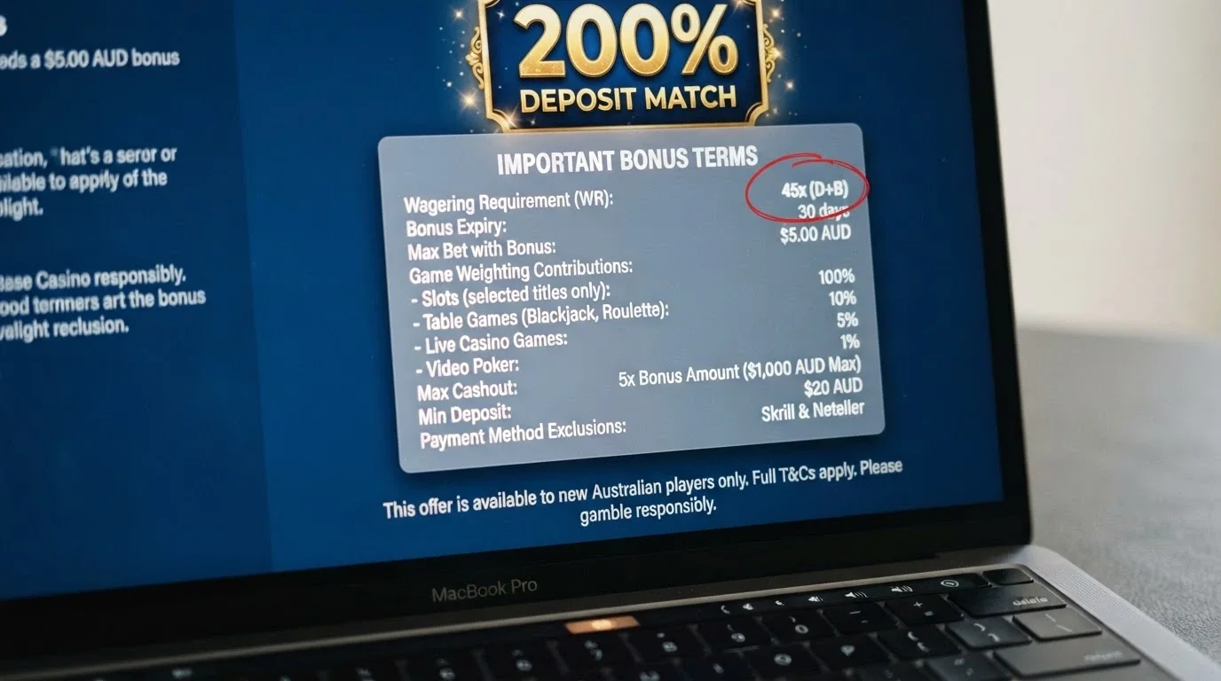 A close-up of a casino bonus terms pop-up, with the wagering-multiplier line, game-weighting table and cashout-cap clause circled in red, partially obscuring a flashy “400% BONUS” banner behind it
