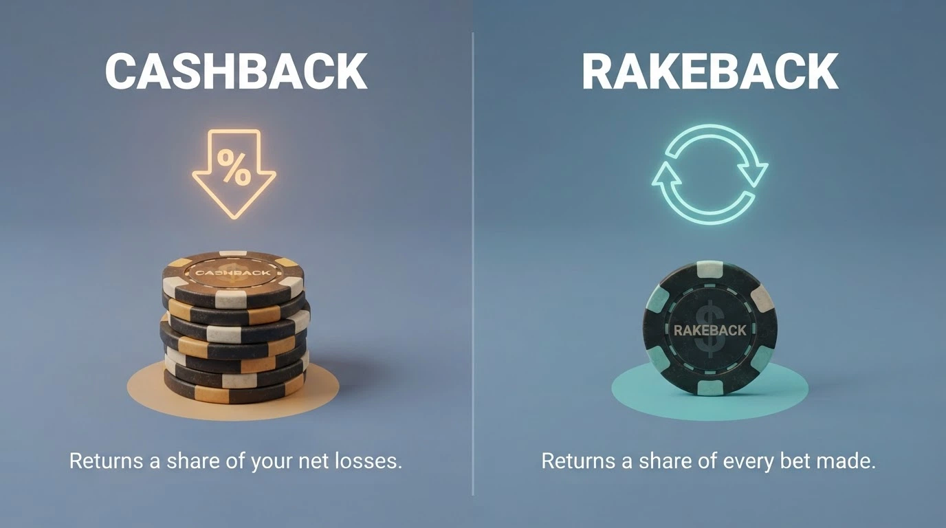 A side-by-side comparison graphic of cashback returning a share of losses versus rakeback returning a share of every bet wagered
