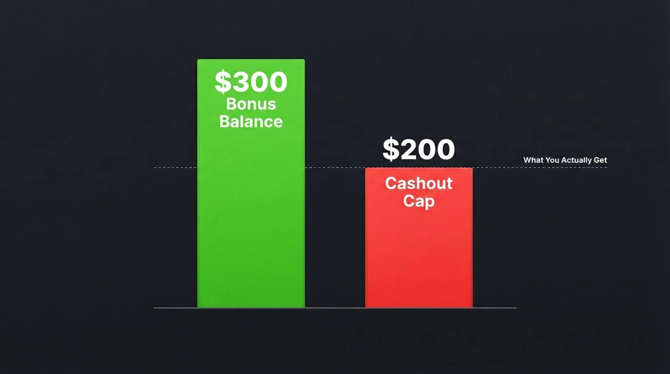 A bar chart comparing a $300 bonus balance (tall green bar) against a $200 cashout cap (short red bar) with a dashed line labelled “What You Actually Get”