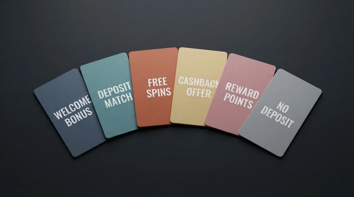 Six labelled cards fanned out on a dark background, each representing a different bonus-code type — no-deposit, deposit-match, free spins, mobile, register, online-only