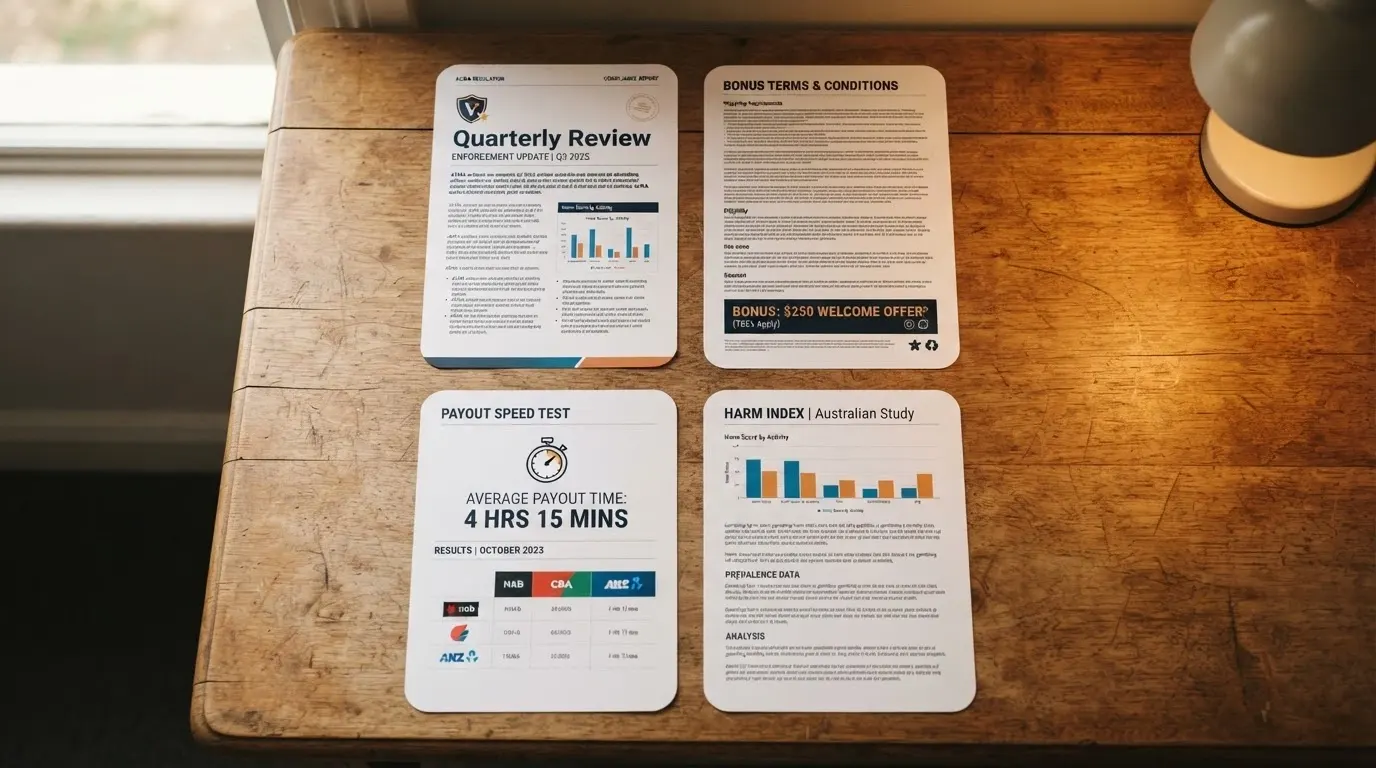 Document icons and logos representing the evaluation sources — ACMA enforcement records, operator terms pages, Roy Morgan harm data and PayoutVerdict withdrawal testing