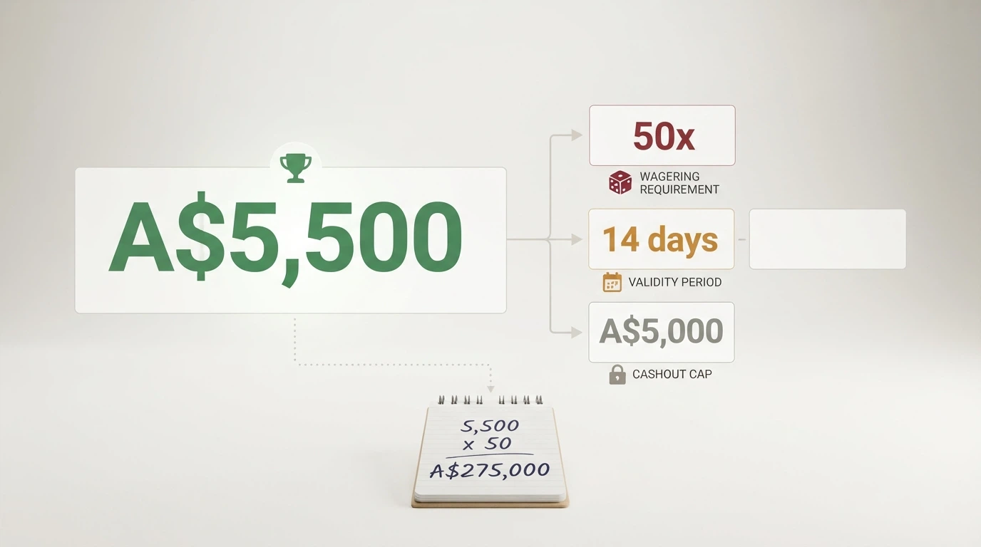 A visual breakdown of a typical welcome bonus: a large headline figure (A$5,500) with arrows pointing to smaller boxes showing the wagering multiple (50x), the validity window (14 days) and the cashout cap (A$5,000)