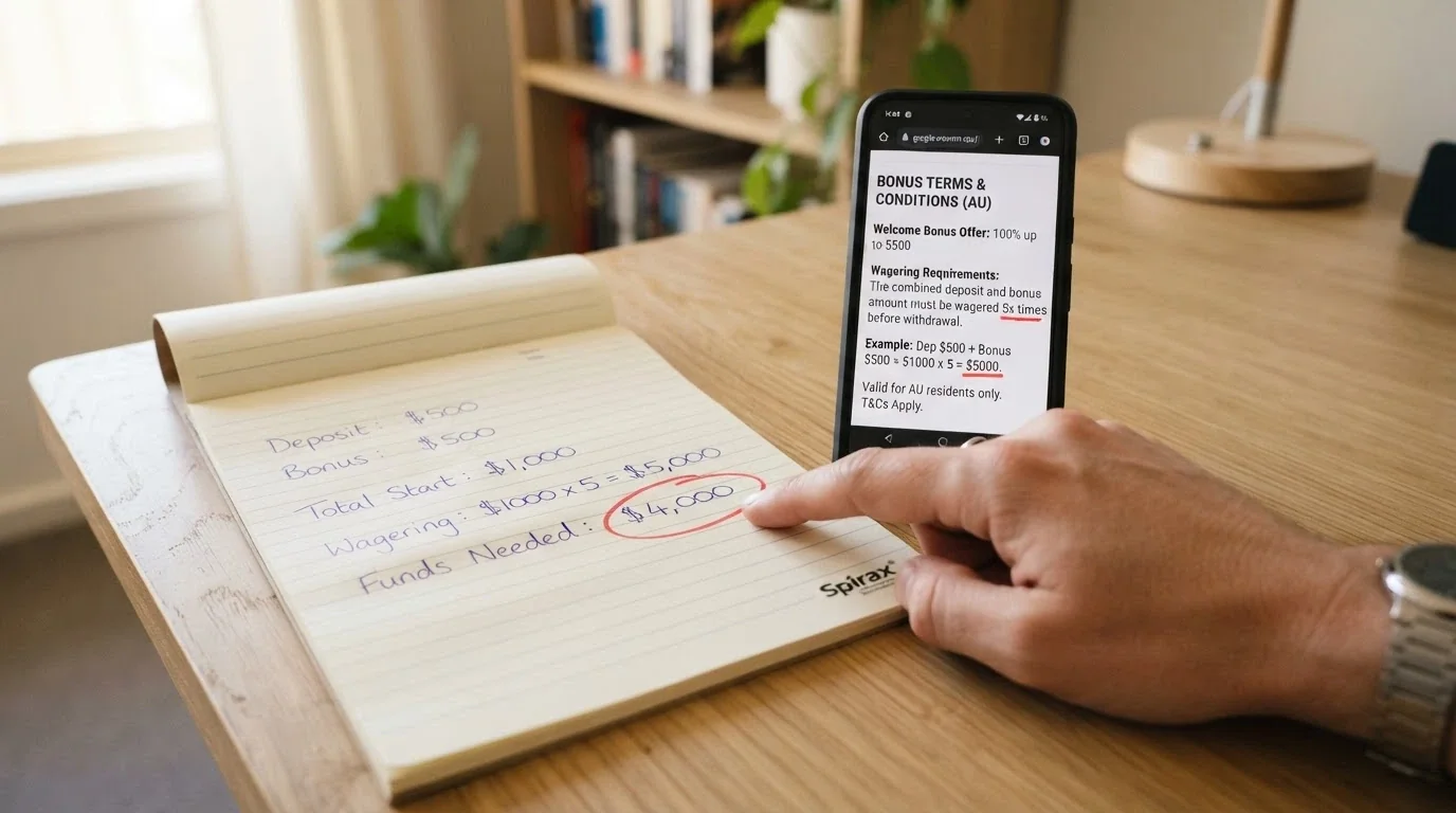 A notepad or calculator beside a smartphone showing a casino bonus terms page, with the wagering multiple and turnover figure circled in red